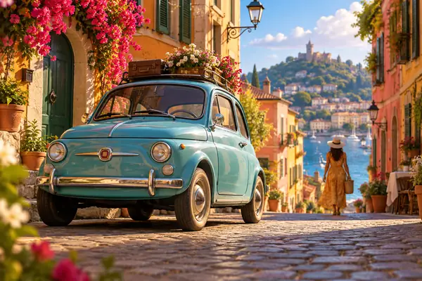 Un charmant véhicule ancien dans une rue colorée, représenté dans un style d’animation 3D ludique.