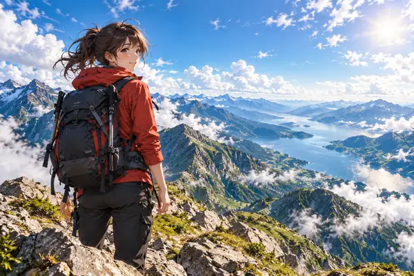 Un voyageur de style anime debout sur une crête de montagne sous un ciel bleu éclatant.