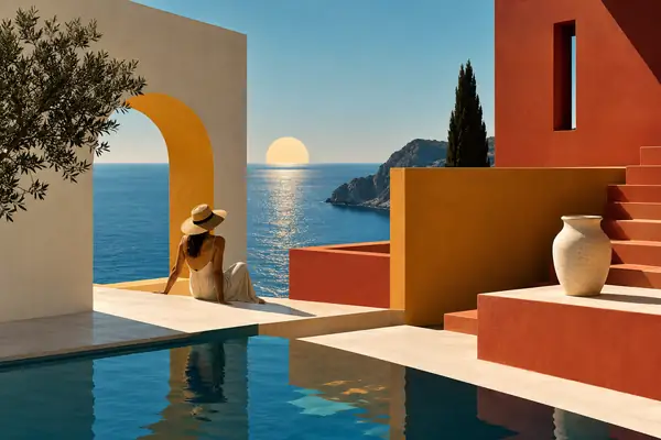Une scène géométrique en bord de mer, aux grands aplats de couleur et à la composition paisible inspirée du Bauhaus.
