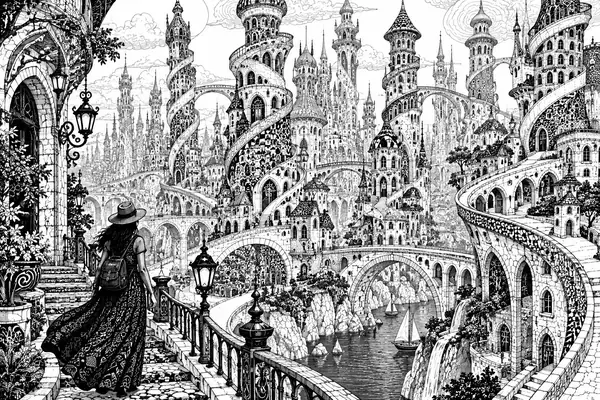 Une ville fantaisiste aux tours sinueuses, dessinée dans un style de gribouillage noir et blanc minutieux.