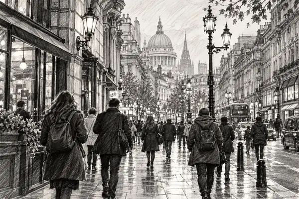 Une rue animée, peuplée de passants et bordée de bâtiments, dans un style de croquis au crayon expressif.
