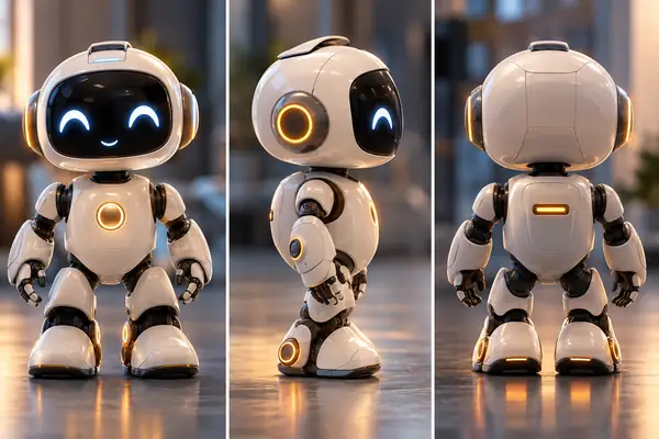 Trois vues d’un petit robot sympathique, disposées en une planche de référence épurée.