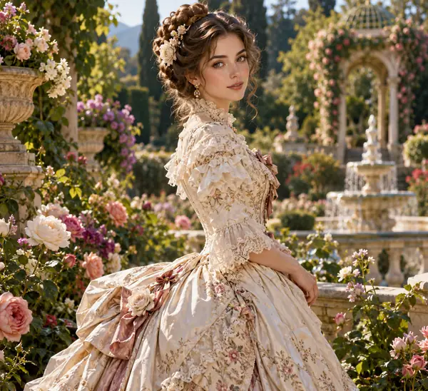Une femme raffinée dans un jardin fleuri, vêtue d’une robe victorienne ouvragée.