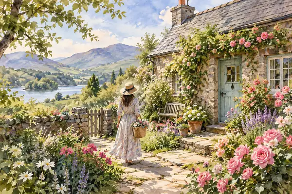 Un cottage pittoresque près d’un jardin fleuri, peint avec de doux lavis d’aquarelle translucides.