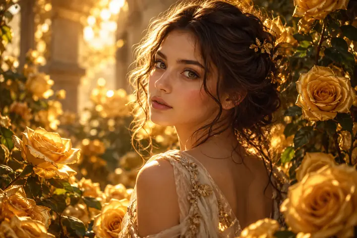 Un portrait cinématographique chaleureux d’une jeune femme entourée de roses dorées.