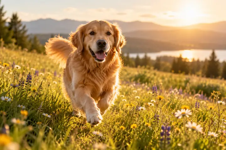 Un golden retriever courant dans une prairie ensoleillée, baignée par la lumière chaude de l’après-midi.