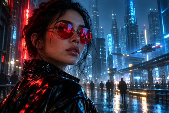 Un portrait futuriste avec des lunettes rouges réfléchissantes dans une ville illuminée de néons bleus.