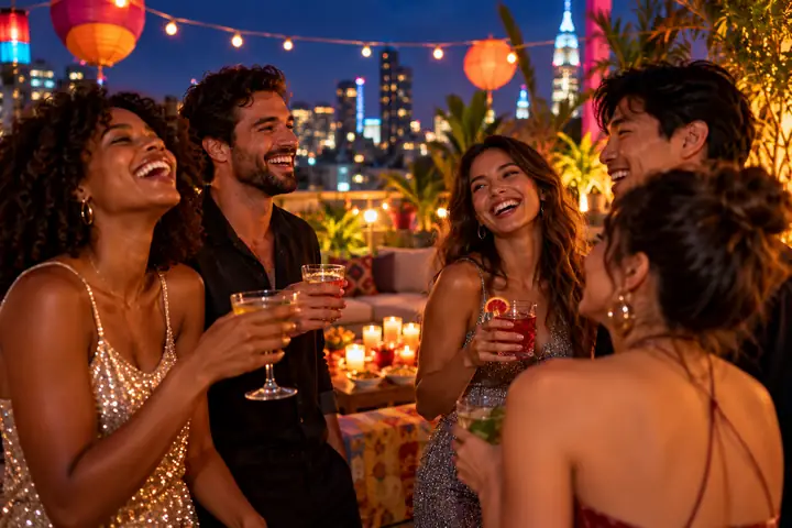 Des amis riant ensemble lors d’une fête colorée sur un toit-terrasse à la nuit tombée.